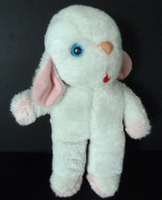 J9. Doudou peluche MOUTON AGNEAU blanc rose langue rouge 26cm vintage TBE