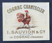 Ancienne étiquette COGNAC CHANTECLER SAUVION & Co cock coq label