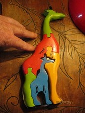 Ancien Jouet Bois Puzzle Girafe et son Enfant