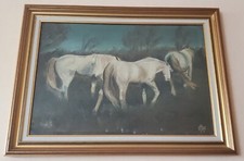 TABLEAU PEINTURE ANCIEN SIGNE ALAIN ROY 3 CHEVAUX BLANCS au PATURAGE COLLECTION