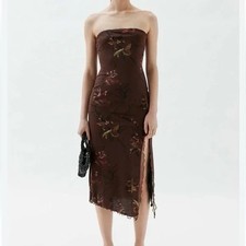 Urban Outfitters UO Samara Mesh Strapless Midi Dress XL Brown Floral Whimsigoth