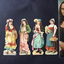 4 Chromos Anciens 12 cm Costume Régional XIXè Découpis Gaufré Victorian Scrap