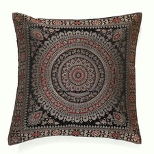 Housse De Coussin Ethnique En Soie Banarsi Mandala Indien Doux Noir 16"