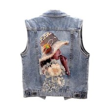 Jean Femmes Veste sans Manche Perle Fleur Court Jean Veste Gilet S-3XL