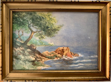 ANCIENNE AQUARELLE BORD DE MEDITERRANEE SIGNEE EN MONOGRAMME 1943