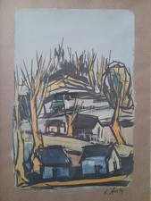 Henry Maurice d'ANTY (1910-1998). Maisons sois les arbres. Gouache sur papier