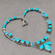 Collier bijoux népalais mode déclaration turquoise tibétaine fait main 18" SR...