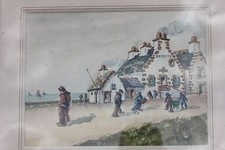 AQUARELLE BRETONNE ENCADREE - BUVETTE SUR MER - SIGNEE - 41 x 48 cm