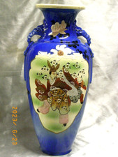 ANCIEN RARE GRAND VASE ASIATIQUE SATSUMA BLEU ANSE TETE ELEPHANT JAPON JAPAN