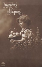 CP JOYEUSES PAQUES ENFANT AVEC PANIER OEUFS - 38153