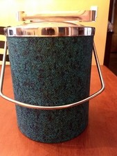 Mid-Century Vintage Retro Ice Bucket Teal Blue Vinyl with Chrome Lid & Tongs~MOD