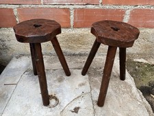 Paire Tabouret de Traite Ancien Tripode Bois Brut Art Populaire Vintage #C603