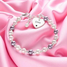 Perle Et 925 Argent Sterling Bracelet Avec Personnalisé Gravure,Femmes,Filles