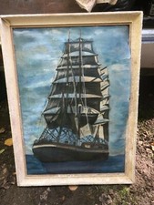 Grand bateau voilier Peinture sur toile encadrée à restaurer 