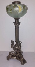 GRANDE LAMPE A PETROLE PIED BRONZE ARGENTE TOUPIE EMAILLEE