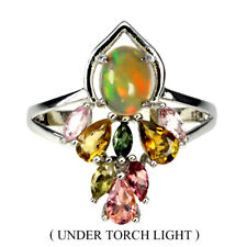 Bague En Argent Sterling 925 Oval Opale De Feu 7x5mm Pierre Précieuse Tourmaline