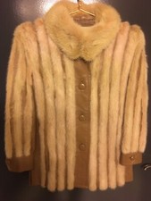 Vintage Beige Mink And Tan Leather Jacket W/Wout Belt Slash Pockets 2-Way Collar