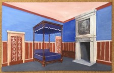 Gouache originale Intérieur Ancien Lit Baldaquin Cheminée René Druart 1888-1961