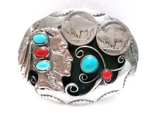Boucle de ceinture décorative style amérindien – Turquoise & Nickel Buffalo
