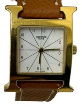 Montre Hermes H RS1.201 quartz cadran blanc boîtier doré marron ceinture de...