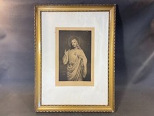 Ancien cadre photo en bois et plâtre doré avec image religieuse Christ vintage