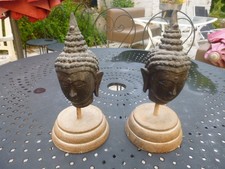 Paire de Têtes de Bouddha anciennes en bronze – 15 cm hors socle