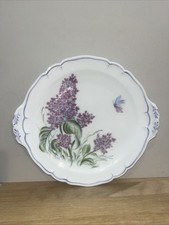 Plat Gâteau Assiette À Poignées Oreilles Porcelaine Limoges Peinte Main Jacinthe