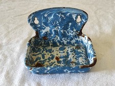 Accessoire Salle de bain Ancien Porte Savon en tôle émaillée bleu 11,5 x 8,5cm