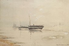 Berges brumeuses, aquarelle dédicacée et située à Bordeaux, aquarelle ancienne