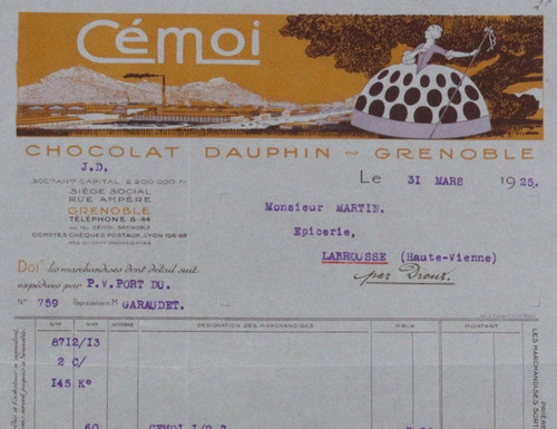 Facture 1925 grenoble chocolat - grenoble,