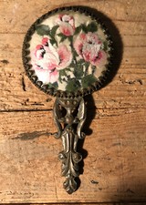 Miroir XIXe Face À Main Bronze Verre Biseauté Broderie Florale Verre Bombé H 12