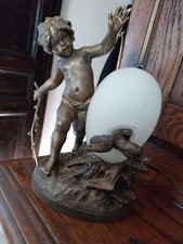 STATUE Petite Lampe Signee L Moreau Le Gardien D Oie Patine Bronze