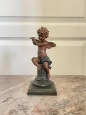 Ancien Statue Figurine Ange Angelot Cherubin Putti Musicien Sur Colonne