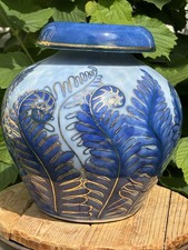 GRANDE CERAMIQUE aux fougères bleues ART DECO CAMILLE THARAUD LIMOGES FRANCE