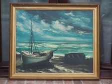TABLEAU MARINE MER PLAGE ET BATEAUX HST  SIGNÉE. 51X61 CM.TBE