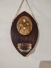 Ancien Bénitier Mural Bois Laiton Doré Christ Bénédiction Cuve Verre Fin XIXe 