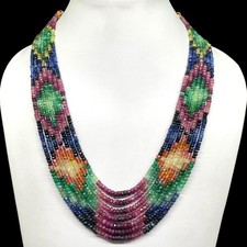 7 Brins Émeraude Naturel Rubis Saphir Élégant Fait à la Main Collier Réglable