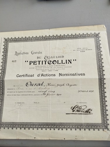 Certificat actions celluloïd - actions,