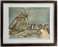 Tableau Moulin Aquarelle Encadré sous verre signé André Planson