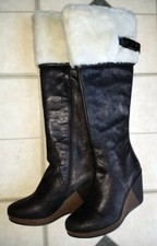 Scholl Bottes compensées en cuir noir irisé revers fourrure blanc T 38