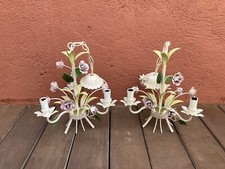 Paire De Lustre Florentin Bouquet de fleurs en métal Vintage 3 branches