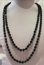 BIJOU ANCIEN COLLIER SAUTOIR ONYX NOIR À FACETTES 122cm NOUÉ ENTRE PIERRE # K32
