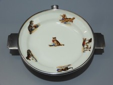 -ANCIENNE ASSIETTE A BOUILLIE PORCELAINE & métal Argenté Décor CHATS CHIENS   D
