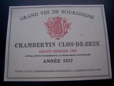Etiquette vin ancienne Chambertin clos de bèze 1937 grand cru duval wine label