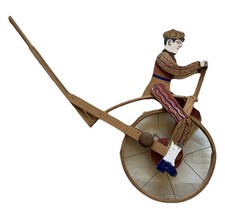 Jouet Ancien à Pousser en Bois Peint Personnage sur un Monocycle Art Populaire