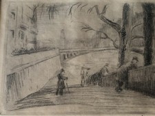 Eau forte belle époque Paris promeneurs quai de la Seine signée numérotée 1/50