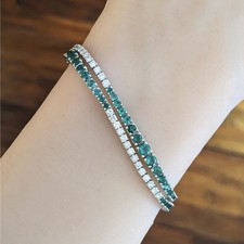 Émeraude & Diamant Double Strand Tennis Bracelet En 14K or Blanc Sur 7 " de Long