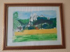 Tableau dans un cadre en bois - Village campagne - style naïf- Auteur inconnu