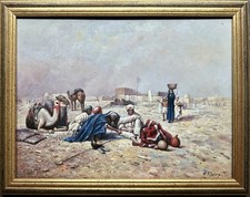 Tableau Orientaliste Signé Paysage Désert Arabe Chameau Maghreb Bédouin Peinture