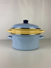 Sublime Faitout, Marmite en tôle émaillé Bleu Pastel avec sa passoire Vintage 70